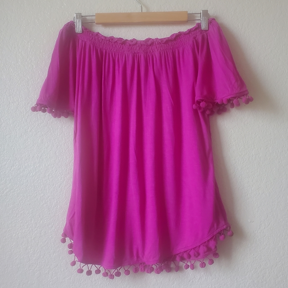 Pink Off The Shoulder Pompom Trim Shirt
